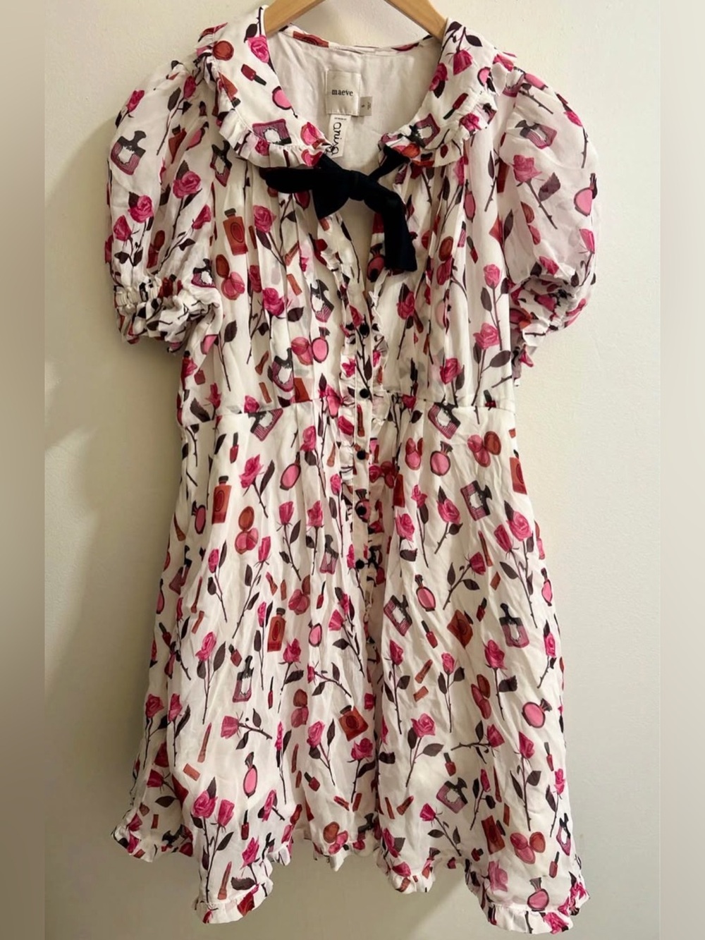 Anthropologie x Maeve Puff-Sleeve Collared Bow-Front Pleated Mini Dress (Size S)